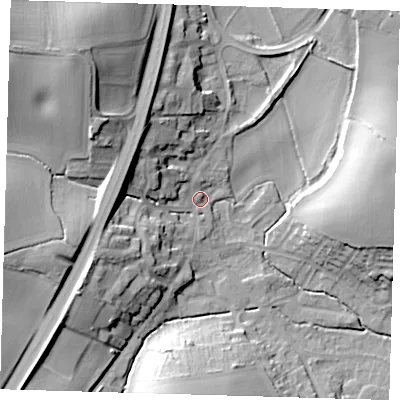 Shaded relief map of the ground around SG111RN, computed from Environment Agency LiDAR. The ground here sits at about 71 m above sea level and falls 27 m across the surrounding 800 m. Surface water reaching this point runs off ground lying to the west-north-west, 14.3 m higher.