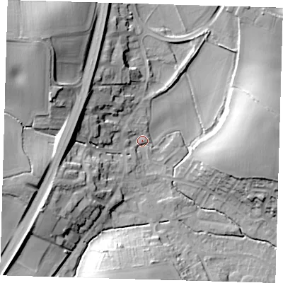 Shaded relief map of the ground around SG111RS, computed from Environment Agency LiDAR. The ground here sits at about 70 m above sea level and falls 27 m across the surrounding 800 m. Surface water reaching this point runs off ground lying to the west-north-west, 15.6 m higher.