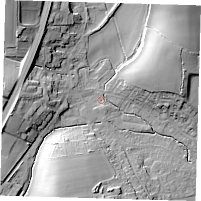 Shaded relief map of the ground around SG111SG, computed from Environment Agency LiDAR. The ground here sits at about 69 m above sea level and falls 27 m across the surrounding 800 m. Surface water reaching this point runs off ground lying to the south-south-west, 23.4 m higher.