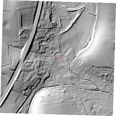Shaded relief map of the ground around SG111SH, computed from Environment Agency LiDAR. The ground here sits at about 69 m above sea level and falls 27 m across the surrounding 800 m. Surface water reaching this point runs off ground lying to the west-south-west, 3.4 m higher.