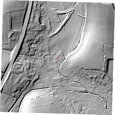 Shaded relief map of the ground around SG111SJ, computed from Environment Agency LiDAR. The ground here sits at about 69 m above sea level and falls 28 m across the surrounding 800 m. Surface water reaching this point runs off ground lying to the south-south-west, 18.6 m higher.