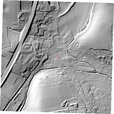 Shaded relief map of the ground around SG111SN, computed from Environment Agency LiDAR. The ground here sits at about 70 m above sea level and falls 26 m across the surrounding 800 m. Surface water reaching this point runs off ground lying to the south-south-west, 22.8 m higher.