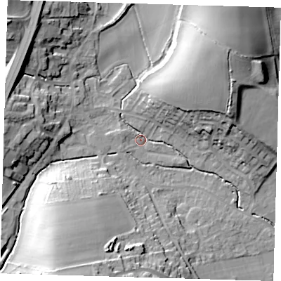 Shaded relief map of the ground around SG111SP, computed from Environment Agency LiDAR. The ground here sits at about 69 m above sea level and falls 28 m across the surrounding 800 m. Surface water reaching this point runs off ground lying to the north-east, 16.9 m higher.