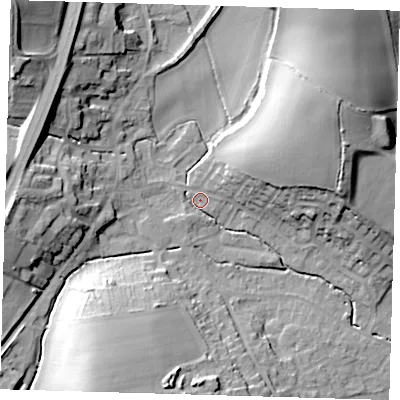Shaded relief map of the ground around SG111SQ, computed from Environment Agency LiDAR. The ground here sits at about 69 m above sea level and falls 26 m across the surrounding 800 m. Surface water reaching this point runs off ground lying to the south-south-west, 23.2 m higher.