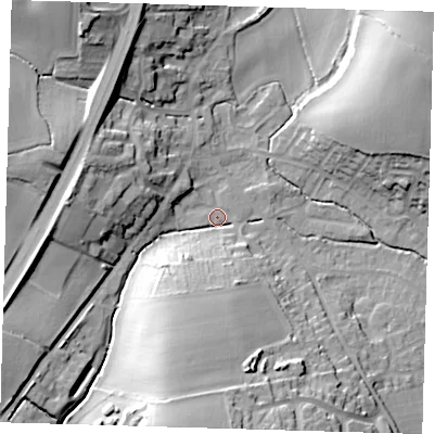 Shaded relief map of the ground around SG111SW, computed from Environment Agency LiDAR. The ground here sits at about 70 m above sea level and falls 28 m across the surrounding 800 m. Surface water reaching this point runs off ground lying to the south, 25.7 m higher.