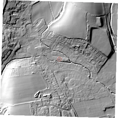 Shaded relief map of the ground around SG111TD, computed from Environment Agency LiDAR. The ground here sits at about 69 m above sea level and falls 32 m across the surrounding 800 m. Surface water reaching this point runs off ground lying to the south-west, 28.3 m higher.