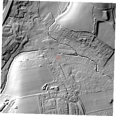 Shaded relief map of the ground around SG111TE, computed from Environment Agency LiDAR. The ground here sits at about 69 m above sea level and falls 32 m across the surrounding 800 m. Surface water reaching this point runs off ground lying to the south-west, 23.0 m higher.