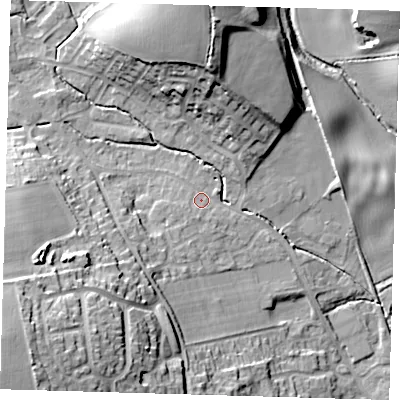 Shaded relief map of the ground around SG111TF, computed from Environment Agency LiDAR. The ground here sits at about 69 m above sea level and falls 34 m across the surrounding 800 m. Surface water reaching this point runs off ground lying to the south-south-west, 1.6 m higher.