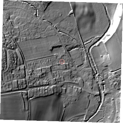 Shaded relief map of the ground around SG111XD, computed from Environment Agency LiDAR. The ground here sits at about 66 m above sea level and falls 29 m across the surrounding 800 m. Surface water reaching this point runs off ground lying to the west-south-west, 6.4 m higher.