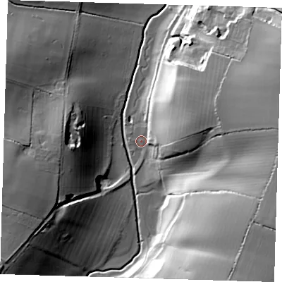 Shaded relief map of the ground around SG112AS, computed from Environment Agency LiDAR. The ground here sits at about 62 m above sea level and falls 36 m across the surrounding 800 m. Surface water reaching this point runs off ground lying to the east-north-east, 23.5 m higher.