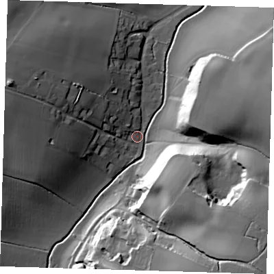 Shaded relief map of the ground around SG112AX, computed from Environment Agency LiDAR. The ground here sits at about 64 m above sea level and falls 40 m across the surrounding 800 m. Surface water reaching this point runs off ground lying to the east, 27.9 m higher.