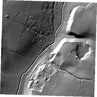 Shaded relief map of the ground around SG112AY, computed from Environment Agency LiDAR. The ground here sits at about 64 m above sea level and falls 40 m across the surrounding 800 m. Surface water reaching this point runs off ground lying to the east-south-east, 37.9 m higher.