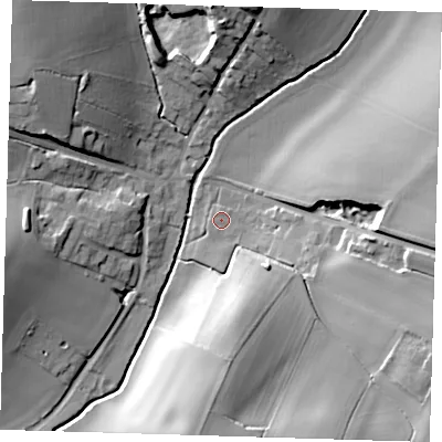 Shaded relief map of the ground around SG112BG, computed from Environment Agency LiDAR. The ground here sits at about 69 m above sea level and falls 22 m across the surrounding 800 m. Surface water reaching this point runs off ground lying to the south-south-east, 18.5 m higher.