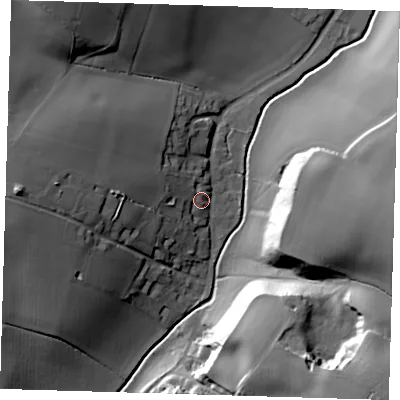 Shaded relief map of the ground around SG112BP, computed from Environment Agency LiDAR. The ground here sits at about 68 m above sea level and falls 39 m across the surrounding 800 m. Surface water reaching this point runs off ground lying to the west, 19.5 m higher.