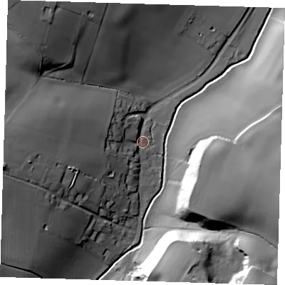 Shaded relief map of the ground around SG112BS, computed from Environment Agency LiDAR. The ground here sits at about 65 m above sea level and falls 34 m across the surrounding 800 m. Surface water reaching this point runs off ground lying to the west, 24.3 m higher.