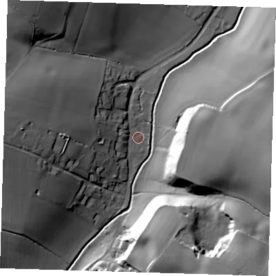 Shaded relief map of the ground around SG112BW, computed from Environment Agency LiDAR. The ground here sits at about 65 m above sea level and falls 39 m across the surrounding 800 m. Surface water reaching this point runs off ground lying to the west, 19.4 m higher.