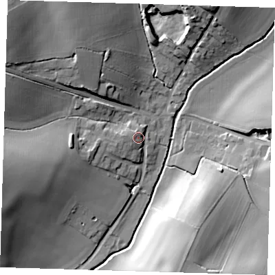 Shaded relief map of the ground around SG112DB, computed from Environment Agency LiDAR. The ground here sits at about 71 m above sea level and falls 26 m across the surrounding 800 m. Surface water reaching this point runs off ground lying to the west, 4.0 m higher.