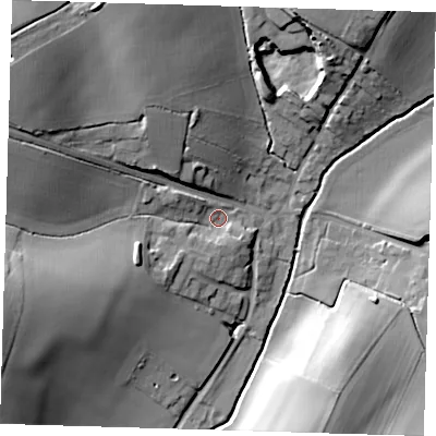 Shaded relief map of the ground around SG112DD, computed from Environment Agency LiDAR. The ground here sits at about 70 m above sea level and falls 27 m across the surrounding 800 m. Surface water reaching this point runs off ground lying to the west-north-west, 18.3 m higher.