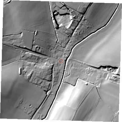 Shaded relief map of the ground around SG112DG, computed from Environment Agency LiDAR. The ground here sits at about 68 m above sea level and falls 23 m across the surrounding 800 m. Surface water reaching this point runs off ground lying to the north-west, 20.5 m higher.