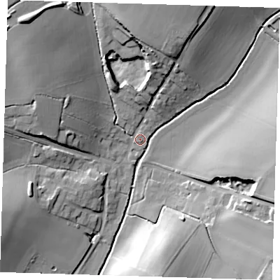 Shaded relief map of the ground around SG112DL, computed from Environment Agency LiDAR. The ground here sits at about 68 m above sea level and falls 25 m across the surrounding 800 m. Surface water reaching this point runs off ground lying to the north-west, 22.6 m higher.