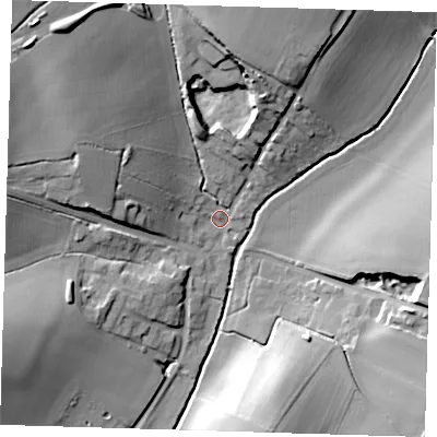 Shaded relief map of the ground around SG112DQ, computed from Environment Agency LiDAR. The ground here sits at about 68 m above sea level and falls 25 m across the surrounding 800 m. Surface water reaching this point runs off ground lying to the north-west, 22.6 m higher.