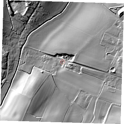 Shaded relief map of the ground around SG112DX, computed from Environment Agency LiDAR. The ground here sits at about 73 m above sea level and falls 34 m across the surrounding 800 m. Surface water reaching this point runs off ground lying to the south-east, 21.0 m higher.