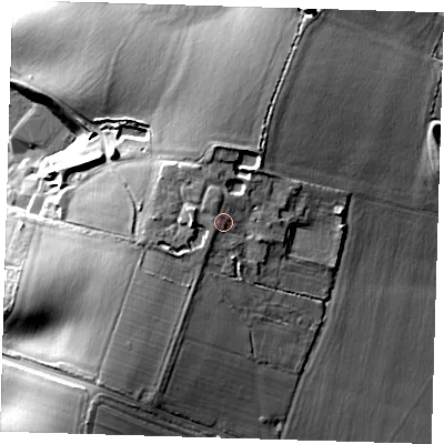 Shaded relief map of the ground around SG112EB, computed from Environment Agency LiDAR. The ground here sits at about 102 m above sea level and falls 18 m across the surrounding 800 m. Surface water reaching this point runs off ground lying to the west, 2.7 m higher.