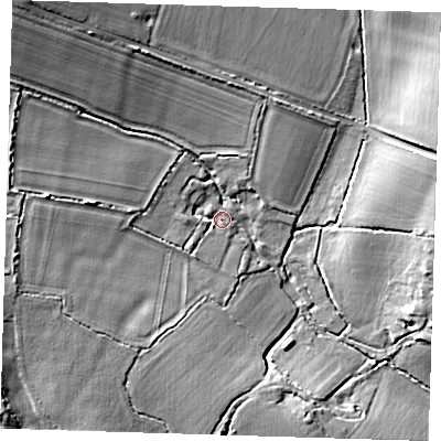 Shaded relief map of the ground around SG112EE, computed from Environment Agency LiDAR. The ground here sits at about 88 m above sea level and falls 18 m across the surrounding 800 m. Surface water reaching this point runs off ground lying to the west, 13.5 m higher.