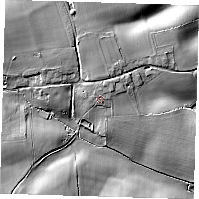 Shaded relief map of the ground around SG112HT, computed from Environment Agency LiDAR. The ground here sits at about 106 m above sea level and falls 27 m across the surrounding 800 m. Surface water reaching this point runs off ground lying to the north, 2.4 m higher.