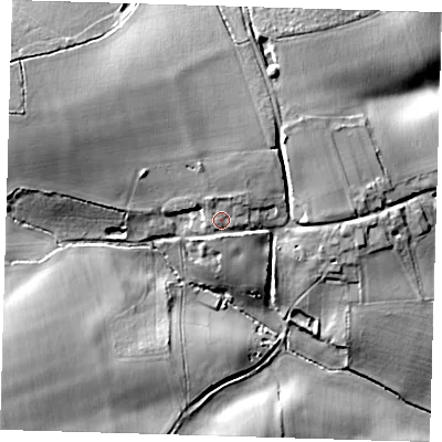 Shaded relief map of the ground around SG112HU, computed from Environment Agency LiDAR. The ground here sits at about 109 m above sea level and falls 25 m across the surrounding 800 m. Surface water reaching this point runs off ground lying to the north, 2.0 m higher.