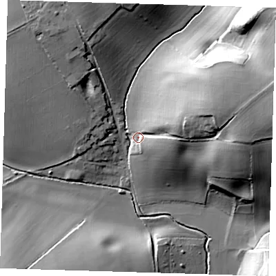 Shaded relief map of the ground around SG112JT, computed from Environment Agency LiDAR. The ground here sits at about 82 m above sea level and falls 33 m across the surrounding 800 m. Surface water reaching this point runs off ground lying to the east-north-east, 20.8 m higher.