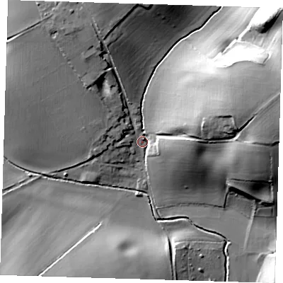 Shaded relief map of the ground around SG112JW, computed from Environment Agency LiDAR. The ground here sits at about 80 m above sea level and falls 32 m across the surrounding 800 m. Surface water reaching this point runs off ground lying to the east-north-east, 27.5 m higher.