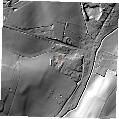 Shaded relief map of the ground around SG112NB, computed from Environment Agency LiDAR. The ground here sits at about 73 m above sea level and falls 33 m across the surrounding 800 m. Surface water reaching this point runs off ground lying to the west-south-west, 5.8 m higher.