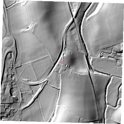 Shaded relief map of the ground around SG112PA, computed from Environment Agency LiDAR. The ground here sits at about 81 m above sea level and falls 25 m across the surrounding 800 m. Surface water reaching this point runs off ground lying to the south-south-east, 2.3 m higher.