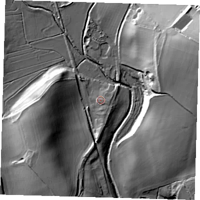 Shaded relief map of the ground around SG112PB, computed from Environment Agency LiDAR. The ground here sits at about 69 m above sea level and falls 35 m across the surrounding 800 m. Surface water reaching this point runs off ground lying to the south-east, 2.0 m higher.