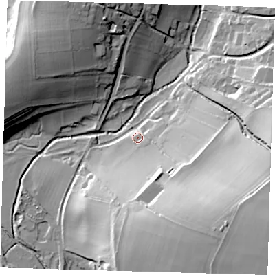 Shaded relief map of the ground around SG112PN, computed from Environment Agency LiDAR. The ground here sits at about 73 m above sea level and falls 42 m across the surrounding 800 m. Surface water reaching this point runs off ground lying to the south-east, 36.6 m higher.