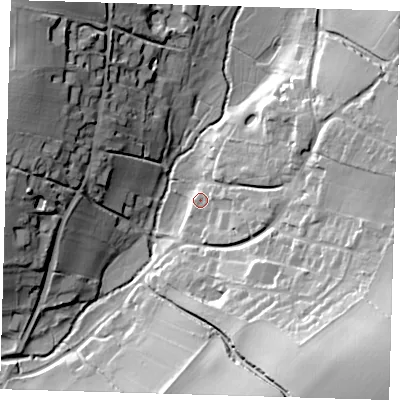 Shaded relief map of the ground around SG112PZ, computed from Environment Agency LiDAR. The ground here sits at about 74 m above sea level and falls 43 m across the surrounding 800 m. Surface water reaching this point runs off ground lying to the east, 10.3 m higher.
