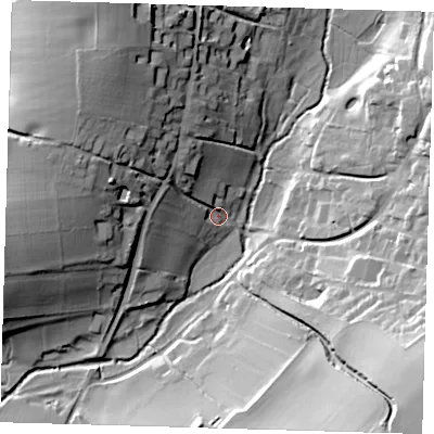 Shaded relief map of the ground around SG112QZ, computed from Environment Agency LiDAR. The ground here sits at about 72 m above sea level and falls 42 m across the surrounding 800 m. Surface water reaching this point runs off ground lying to the north-north-west, 13.3 m higher.