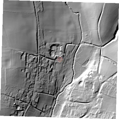 Shaded relief map of the ground around SG112RD, computed from Environment Agency LiDAR. The ground here sits at about 76 m above sea level and falls 34 m across the surrounding 800 m. Surface water reaching this point runs off ground lying to the west-north-west, 26.4 m higher.