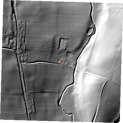 Shaded relief map of the ground around SG112RE, computed from Environment Agency LiDAR. The ground here sits at about 76 m above sea level and falls 35 m across the surrounding 800 m. Surface water reaching this point runs off ground lying to the west-north-west, 30.4 m higher.