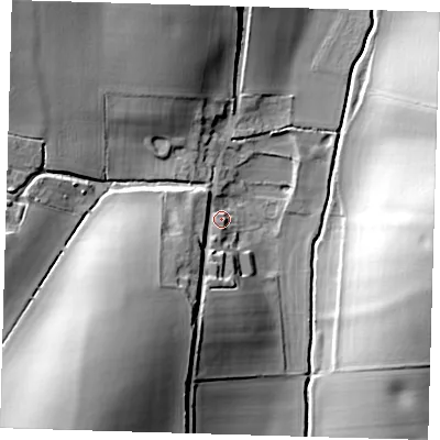 Shaded relief map of the ground around SG112RW, computed from Environment Agency LiDAR. The ground here sits at about 83 m above sea level and falls 32 m across the surrounding 800 m. Surface water reaching this point runs off ground lying to the south-west, 24.0 m higher.