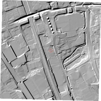 Shaded relief map of the ground around SG11AA, computed from Environment Agency LiDAR. The ground here sits at about 87 m above sea level and falls 18 m across the surrounding 800 m. Surface water reaching this point runs off ground lying to the north-north-east, 3.6 m higher.