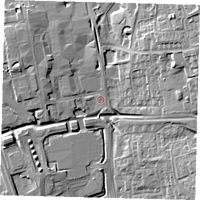 Shaded relief map of the ground around SG11AR, computed from Environment Agency LiDAR. The ground here sits at about 87 m above sea level and falls 22 m across the surrounding 800 m. Surface water reaching this point runs off ground lying to the west-south-west, 11.2 m higher.