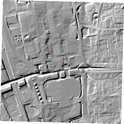 Shaded relief map of the ground around SG11HE, computed from Environment Agency LiDAR. The ground here sits at about 89 m above sea level and falls 17 m across the surrounding 800 m. Surface water reaching this point runs off ground lying to the west-south-west, 11.2 m higher.