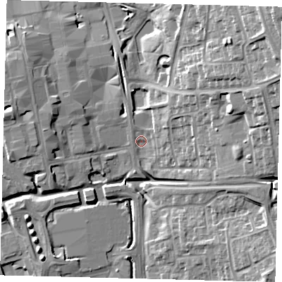 Shaded relief map of the ground around SG11HS, computed from Environment Agency LiDAR. The ground here sits at about 87 m above sea level and falls 23 m across the surrounding 800 m. Surface water reaching this point runs off ground lying to the north-east, 8.0 m higher.