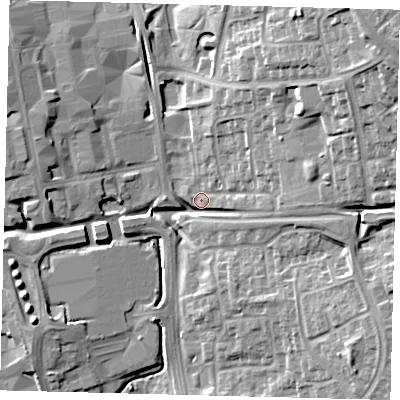 Shaded relief map of the ground around SG11HT, computed from Environment Agency LiDAR. The ground here sits at about 88 m above sea level and falls 23 m across the surrounding 800 m. Surface water reaching this point runs off ground lying to the north-east, 16.8 m higher.