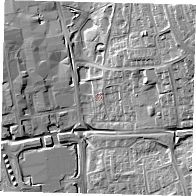 Shaded relief map of the ground around SG11HZ, computed from Environment Agency LiDAR. The ground here sits at about 89 m above sea level and falls 26 m across the surrounding 800 m. Surface water reaching this point runs off ground lying to the north-east, 6.3 m higher.