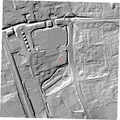 Shaded relief map of the ground around SG11LA, computed from Environment Agency LiDAR. The ground here sits at about 87 m above sea level and falls 13 m across the surrounding 800 m. Surface water reaching this point runs off ground lying to the west-north-west, 3.2 m higher.