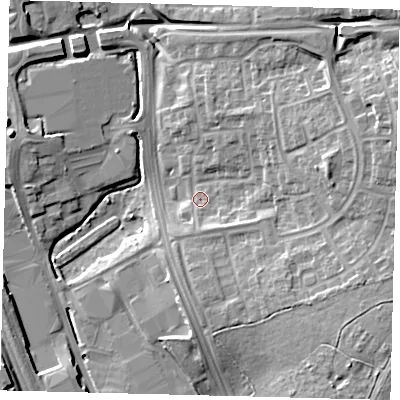 Shaded relief map of the ground around SG11TN, computed from Environment Agency LiDAR. The ground here sits at about 87 m above sea level and falls 15 m across the surrounding 800 m. Surface water reaching this point runs off ground lying to the east-north-east, 10.3 m higher.
