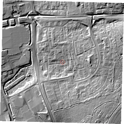 Shaded relief map of the ground around SG11TP, computed from Environment Agency LiDAR. The ground here sits at about 89 m above sea level and falls 17 m across the surrounding 800 m. Surface water reaching this point runs off ground lying to the east-north-east, 11.6 m higher.